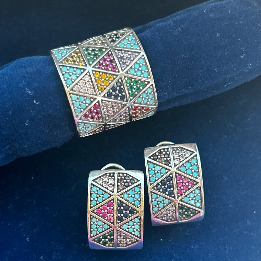 Set of 925 rhodium-plated sterling silver with color zircons, David Yurman style